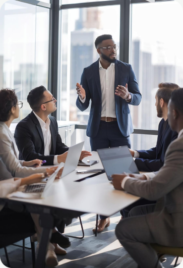 Professionals collaborating in a global team meeting