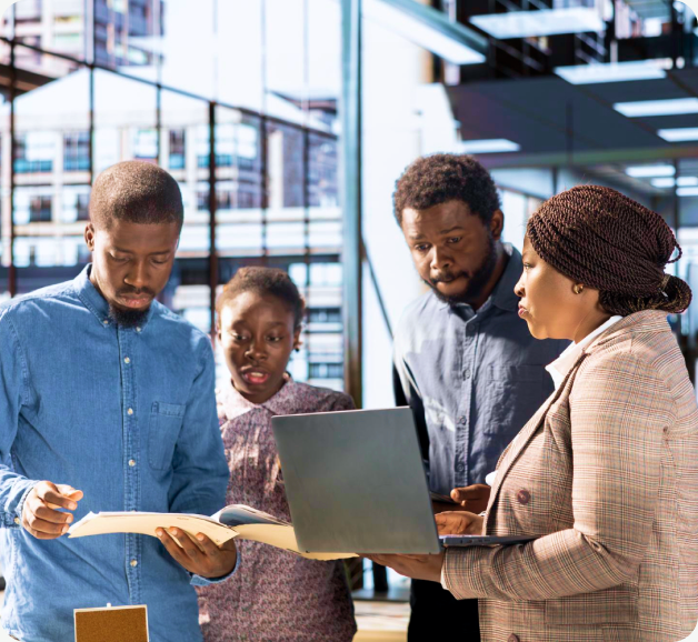 Colleagues reviewing global employment plans